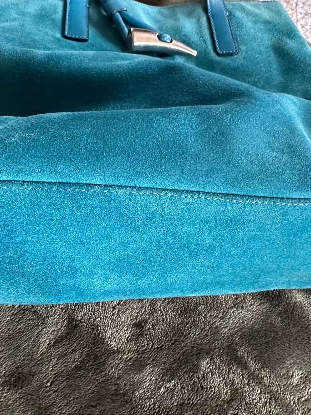 AUTHENTIC Burberry Teal Suede Tote Bag with Leather Trim